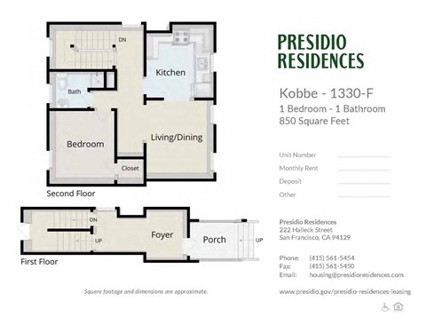 A floor plan for a one bedroom apartment at Presidio Residences.